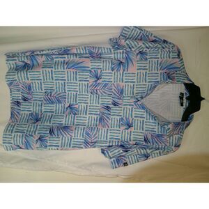 GreenSide Tropical Palm Print Button-Down Shirt‎ Blue & Pink Summer Casual S